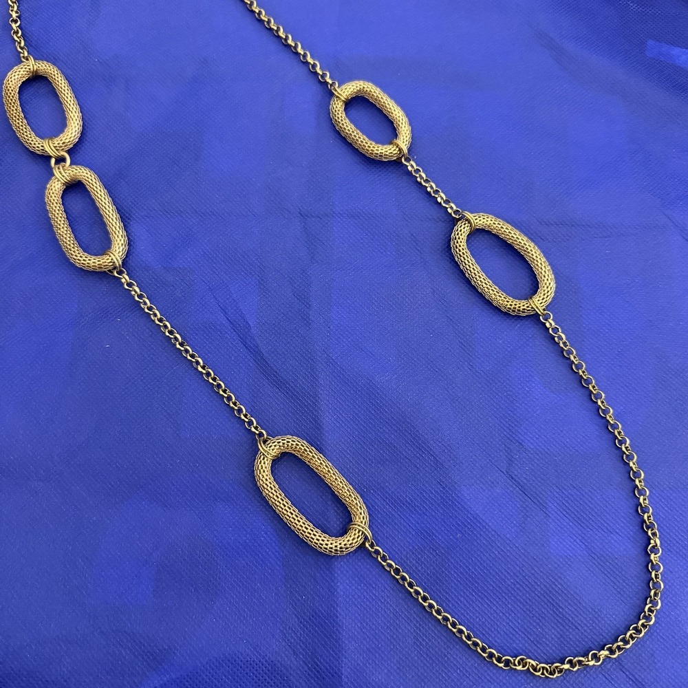 Gold Tone Textured Oval Link Station Necklace Womens Long Chain Statement Boho